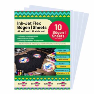 Inkjet Flex folie A4 (10 ark) – hvid mat strygefilm til tryk | Transferfilm til lyse og mørke tekstiler | T-shirt transferpapir inkjet